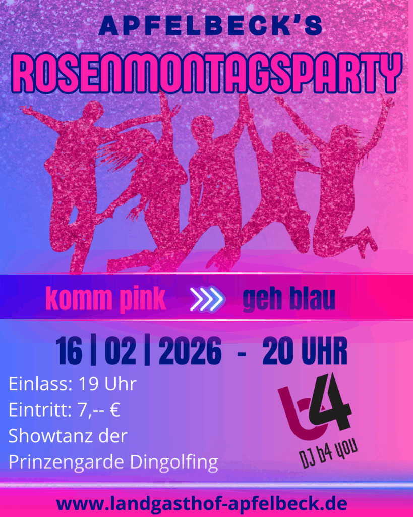 Motto: KOMM PINK - GEH BLAU
Einlass: 19 Uhr, Beginn: 20 Uhr
Eintritt:
19-20 Uhr / 5,-- €
ab 20 Uhr 7,-- €